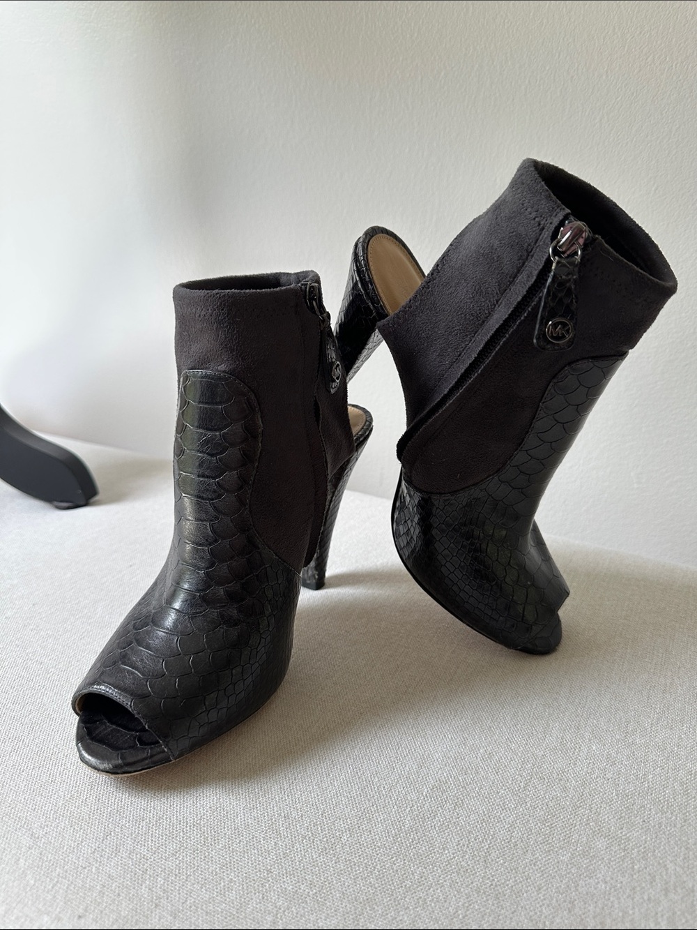 Michael Kors Black Snake-Texture Suede Peep-Toe Ankle Boots 8M